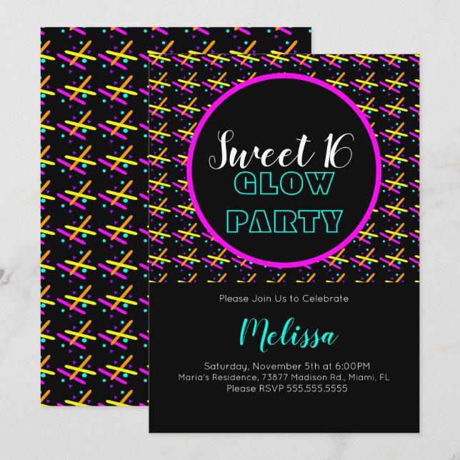 Sweet 16 Crazy Beam Neon Glow In The Dark Party Invitation (Front/Back)