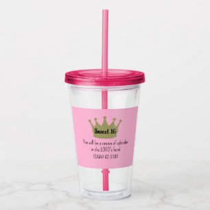 Sweet 16 Crown Bible Verse Dark Pink and Gold Acrylic Tumbler