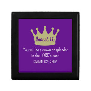 Sweet 16 Crown Bible Verse Dark Purple and Gold Gift Box