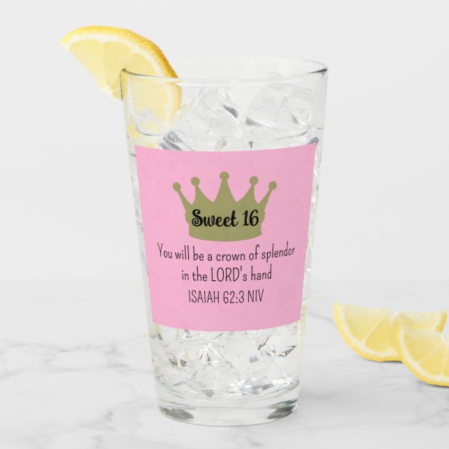 Sweet 16 Crown Bible Verse Pink and Gold Glass (Front Ice)