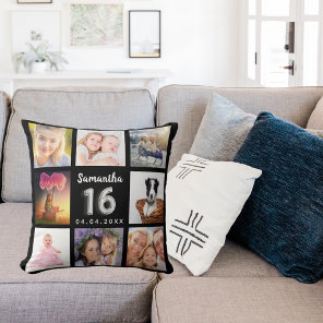 Sweet 16 custom photo collage black silver throw pillow