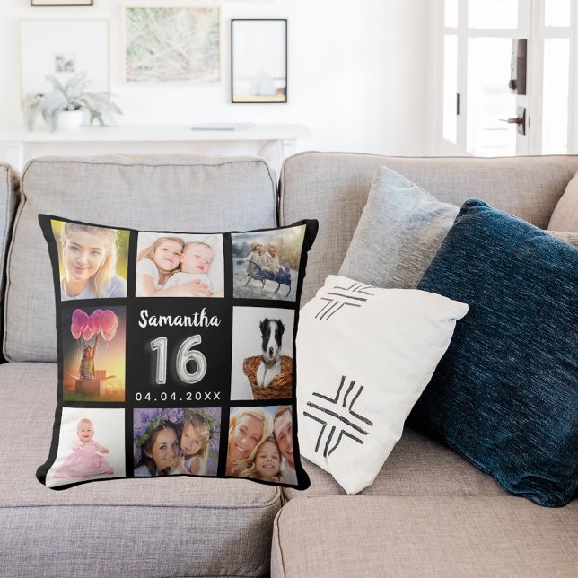 Sweet 16 custom photo collage black silver throw pillow (Creator Uploaded)