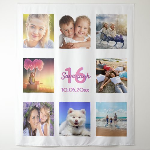 Sweet 16 custom photo collage white pink tapestry