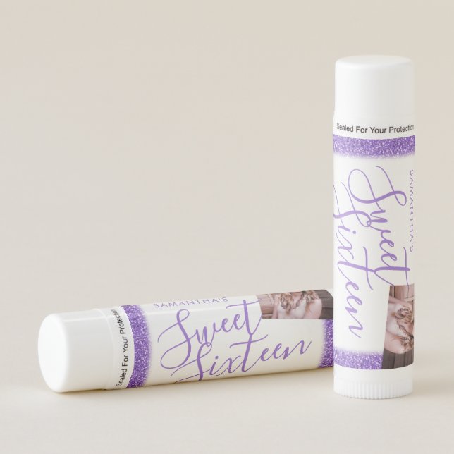 Sweet 16 Custom Photo Party Favor Lip Balm Purple (Front)