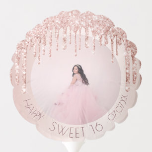 Sweet 16 custom photo rose gold pink glitter balloon