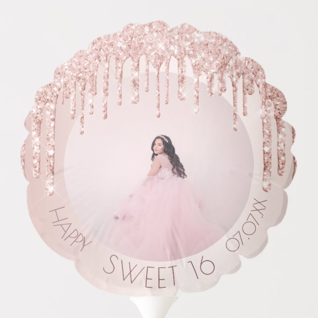 Sweet 16 custom photo rose gold pink glitter balloon (Back)