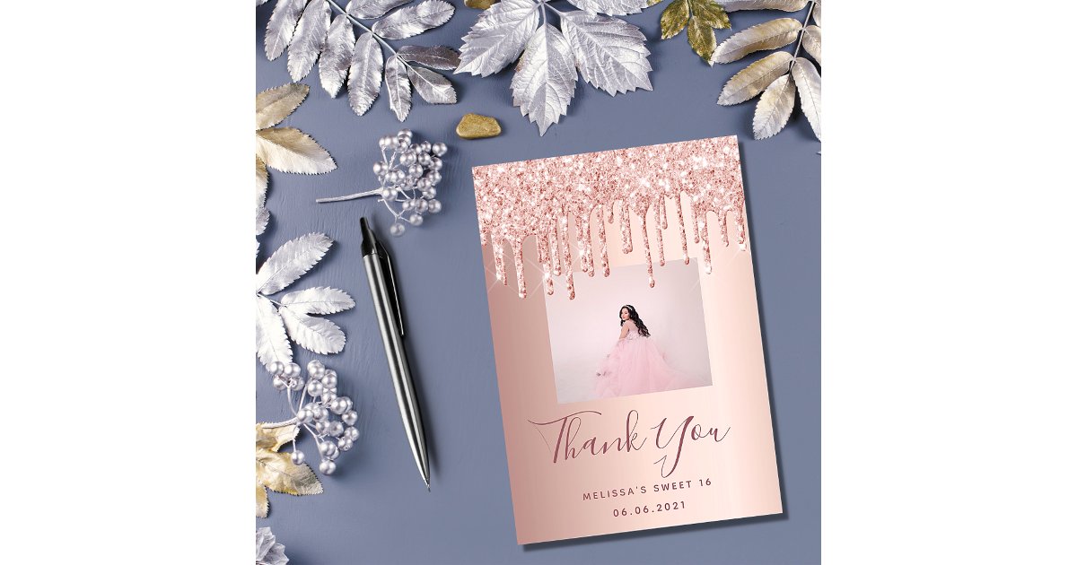 Sweet 16 custom photo rose gold pink glitter glam thank you card | Zazzle