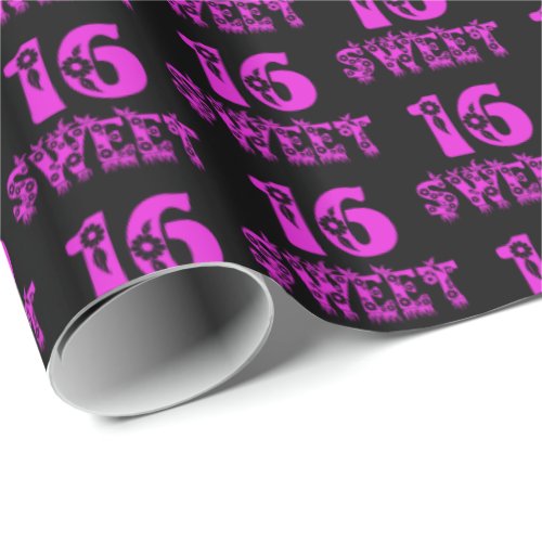 Sweet 16 Cute Floral Hot Pink Typography Wrapping Paper