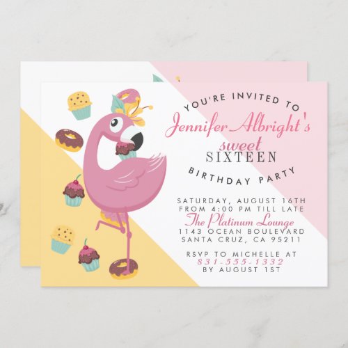 Sweet 16 Cute Pink Cartoon Flamingo Birthday Party Invitation