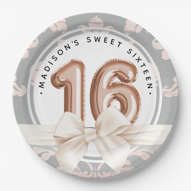 Sweet 16 Damask Rose gold Balloons Birthday Paper Plates (Front)