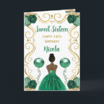 Sweet 16 Dark Skin Princess Green Happy Birthday Card<br><div class="desc">This sweet sixteen birthday card features an elegant gold frame,  a beautiful princess with dark skin and a emerald green dress,  flowers and a balloon.</div>