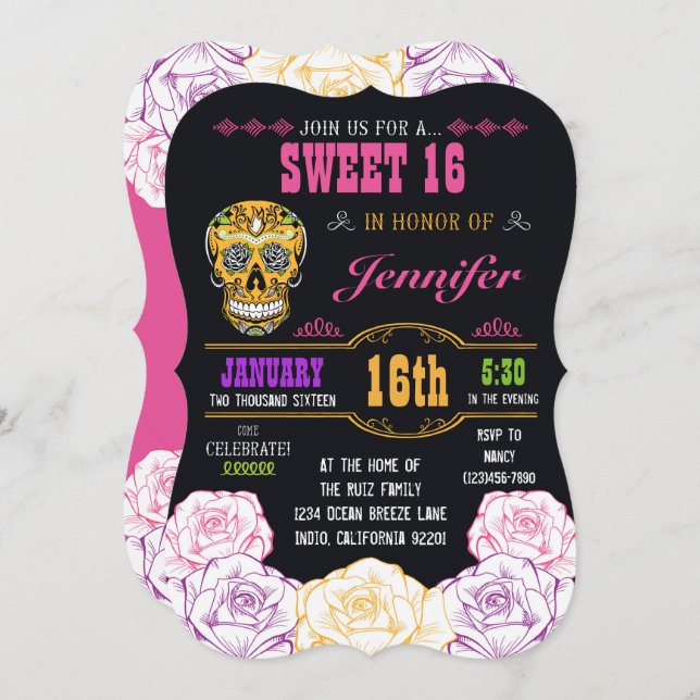 Sweet 16 Day of the Dead Sugar Skull Invitation (Front/Back)