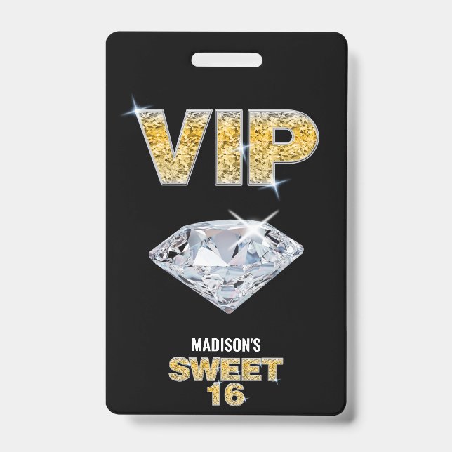 Sweet 16 Diamond Black Gold VIP Pass Badge (Front)