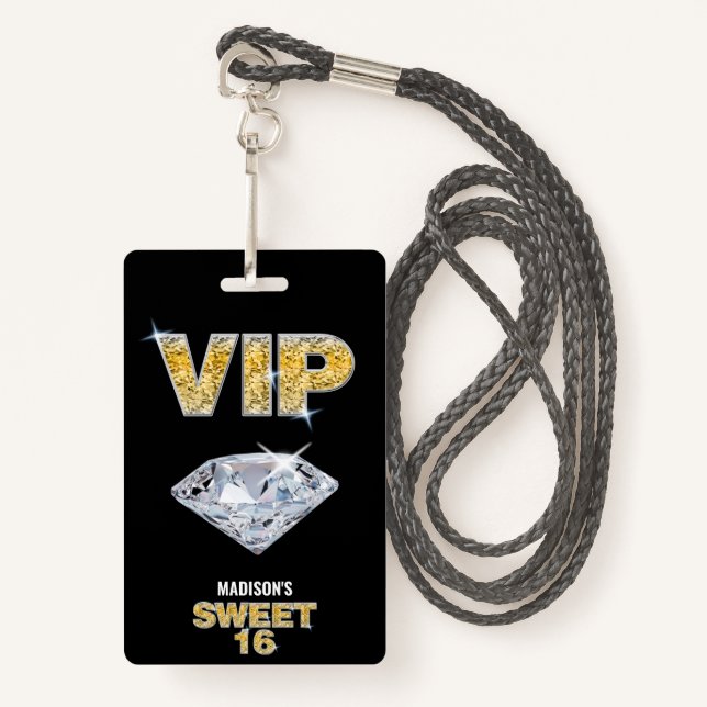 Sweet 16 Diamond Black Gold VIP Pass Badge (Front with Lanyard)