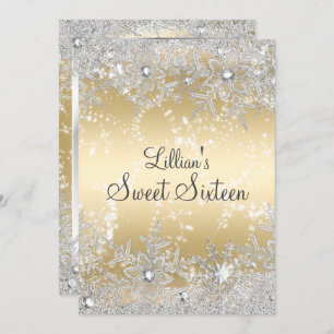 Sweet 16 Diamond Snowflake Gold Winter Wonderland Invitation
