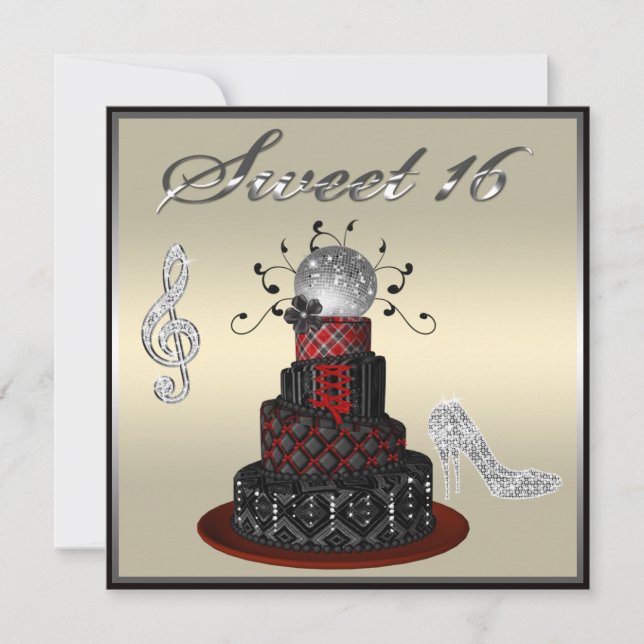 Sweet 16 Disco Diva Cake, Silver Sparkle Hi Heels Invitation (Front)