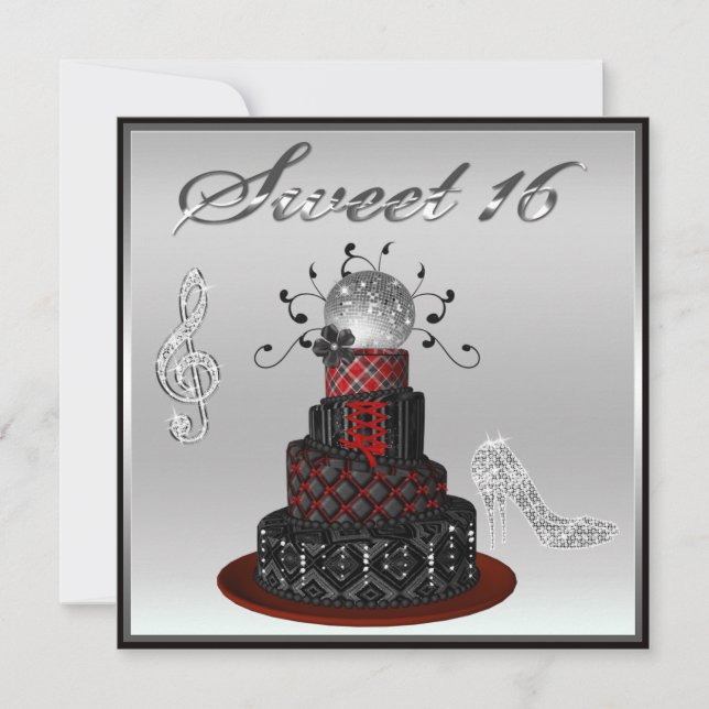 Sweet 16 Disco Diva Cake, Silver Sparkle Hi Heels Invitation (Front)