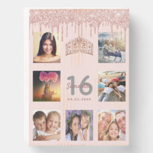 Sweet 16 drips photo rose gold tiara wooden box sign
