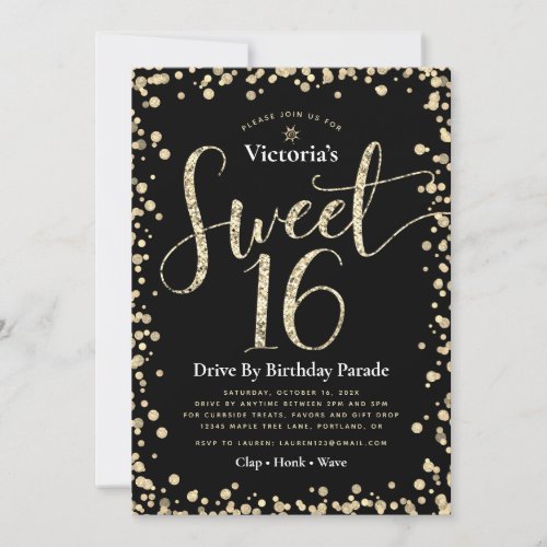 Sweet 16 Drive By Chic Black Gold Glitter Birthday Invitation