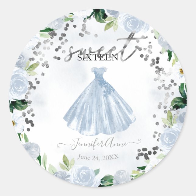 Sweet 16 Dusty Blue Floral Dress Classic Round Sticker (Front)