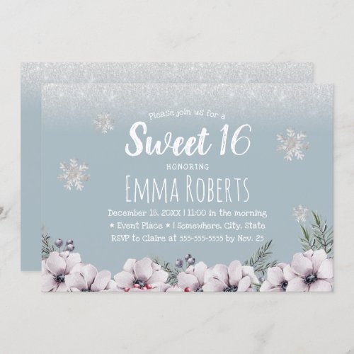 Sweet 16 Dusty Blue Winter Floral Snowflakes Invitation