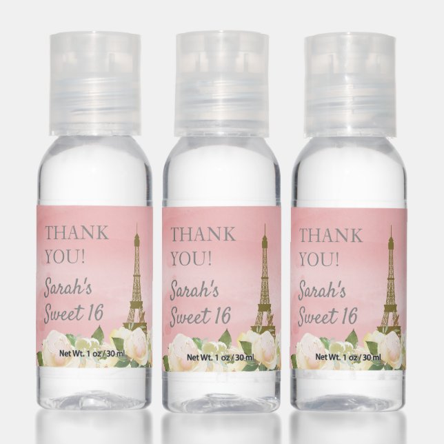 Sweet 16 Eiffel Tower White Floral Pink Hand Sanitizer (Set)