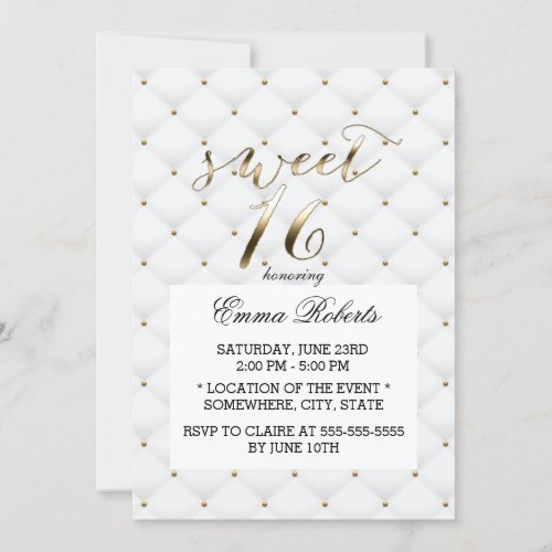 Sweet 16 Elegant Gold  White Quilts Invitation