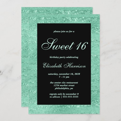 Sweet 16 Elegant Mint Green Black Birthday Party Invitation