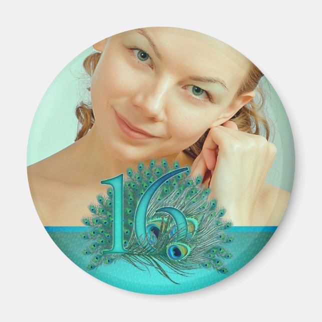 Sweet 16 elegant peacock feather template magnet (Front)