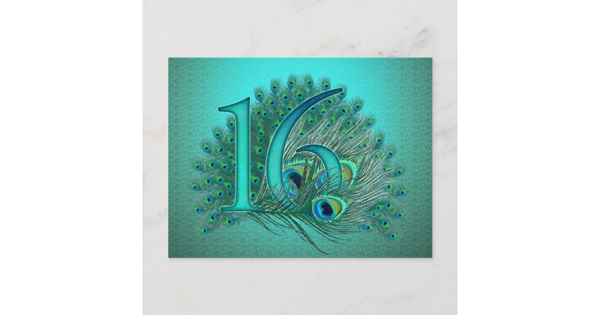 Sweet 16 elegant peacock feather template postcard | Zazzle