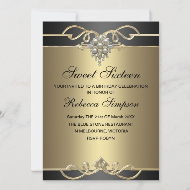 Sweet 16 Elegant Pearl Gold Birthday Invite (Front)