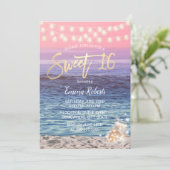 Sweet 16 Elegant Pink Beach Mason Jar String Light Invitation (Standing Front)