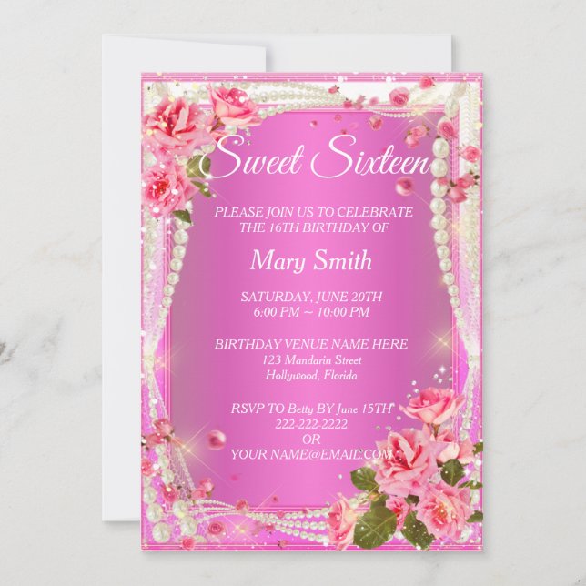 Sweet 16 Elegant Pink Floral Birthday Invitation (Front)