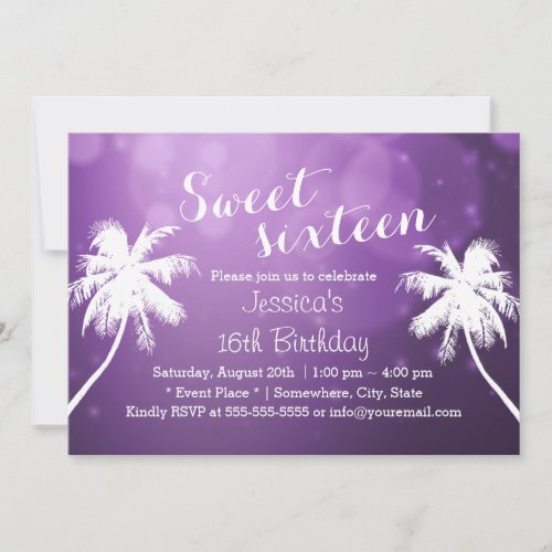 Sweet 16 Elegant Purple Lights Beach Palm Tree Invitation