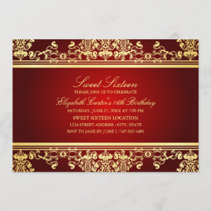 Sweet 16 Elegant Red & Gold Damask Invitation