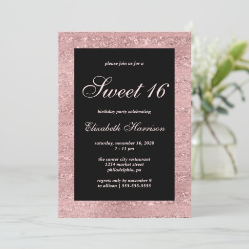 Sweet 16 Elegant Rose Gold Black Birthday Party Invitation | Zazzle