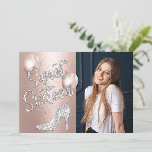 Sweet 16 Elegant Rose Gold  Silver Photo Birthday Invitation