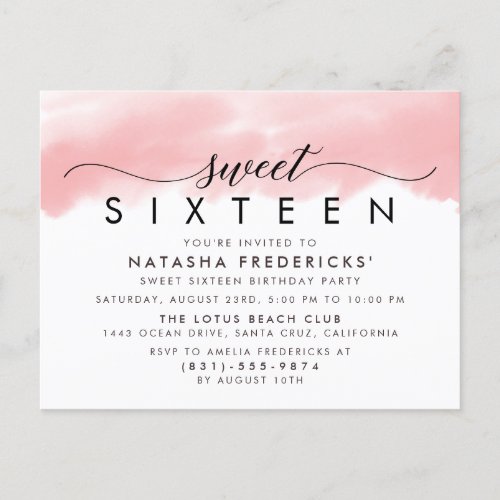 Sweet 16 Elegant Script Modern Watercolor Birthday Invitation Postcard