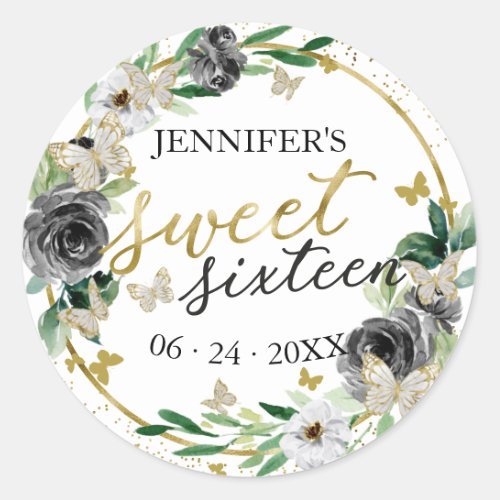 Sweet 16 Emerald Black Gold Floral Butterfly Classic Round Sticker