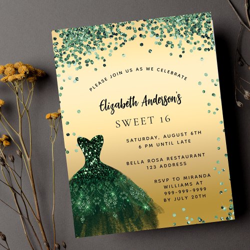 Sweet 16 emerald green dress budget invitation