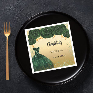 Sweet 16 emerald green dress flowers gold party napkins