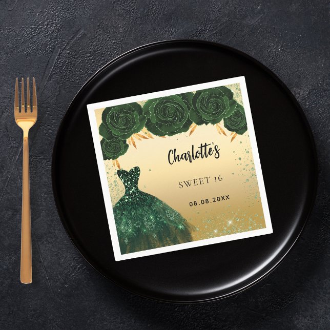 Sweet 16 emerald green dress flowers gold party napkins (Creator Uploaded)