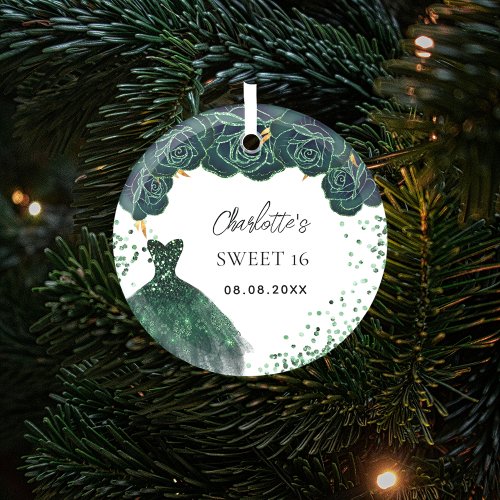 Sweet 16 emerald green dress glass ornament