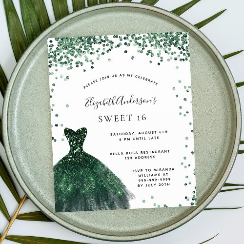 Sweet 16 emerald green dress glitter budget flyer