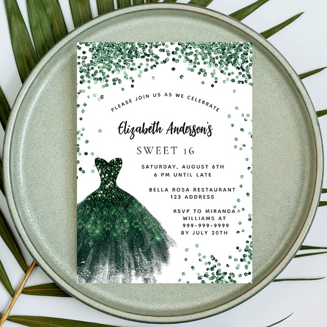 Sweet 16 emerald green dress glitter glamorous invitation (Creator Uploaded)