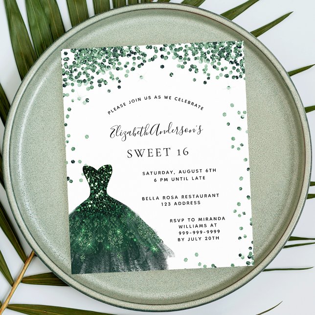 Sweet 16 emerald green dress glitter glamorous invitation postcard (Creator Uploaded)