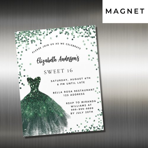 Sweet 16 emerald green dress glitter luxury magnetic invitation