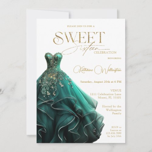Sweet 16 Emerald Green Dress Gold Invitation
