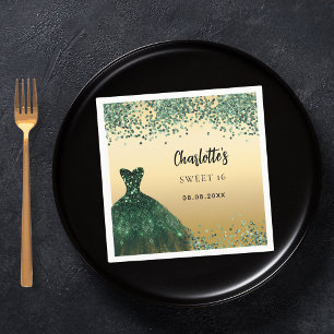 Sweet 16 emerald green dress gold napkins