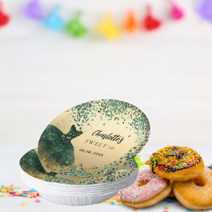 Sweet 16 emerald green dress gold paper bowls